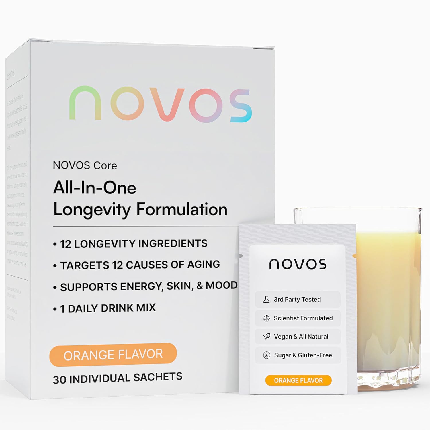 NOVOS Core Longevity Mix, Anti-Aging Supplement, Drink Powder Packet Orange Flavor - Skin Support, Energy, Mood, Sleep and Cognition Support - 30 Servings