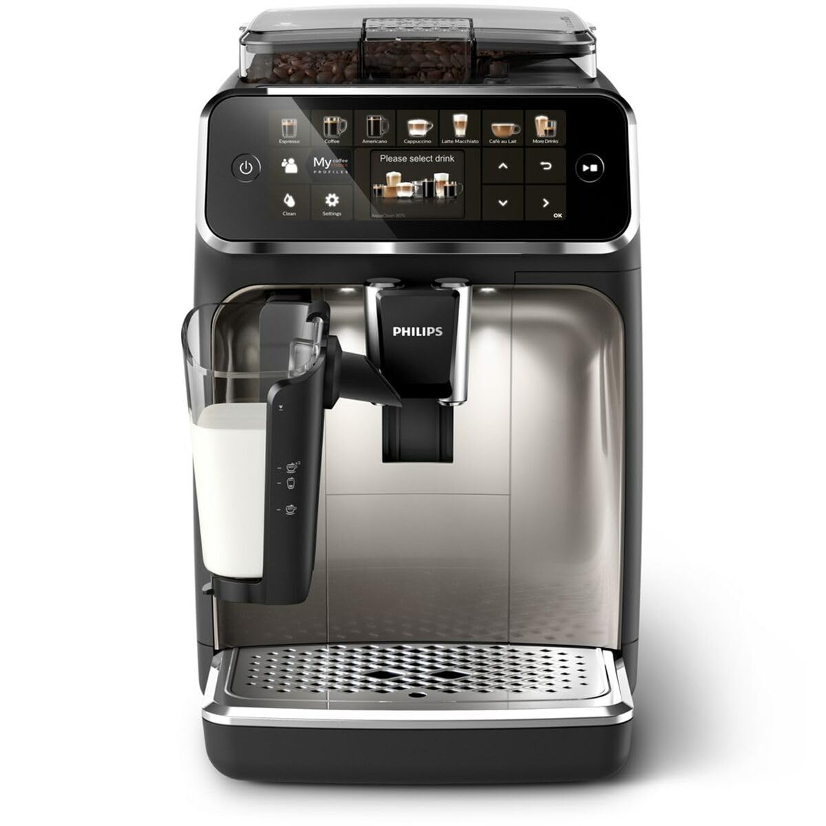 Philips 5400 Series Vollautomatisch Kaffeemaschine - LatteGo Schaumer, 12 Arten von Getränken, Intuitives Display, 4 Benutzerprofile, Chrom (EP5447/90)