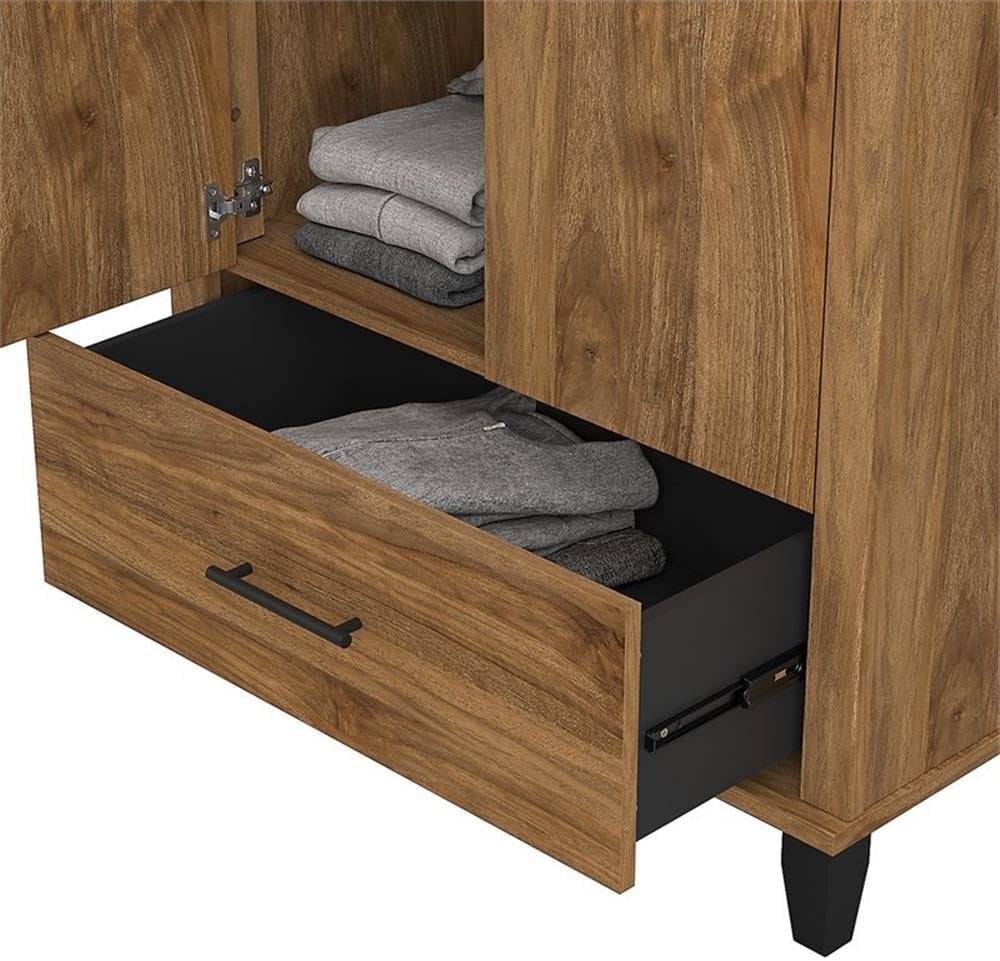 Pemberly Row Tall Entryway Cabinet, Fresh Walnut Finish, Engineered Wood, 32W x 21D x 65H, Adjustable Shelves, Closet Rod, Drawer, Euro-Style Hinges, Wall Anchor Hardware, Mudroom Storage Organizer