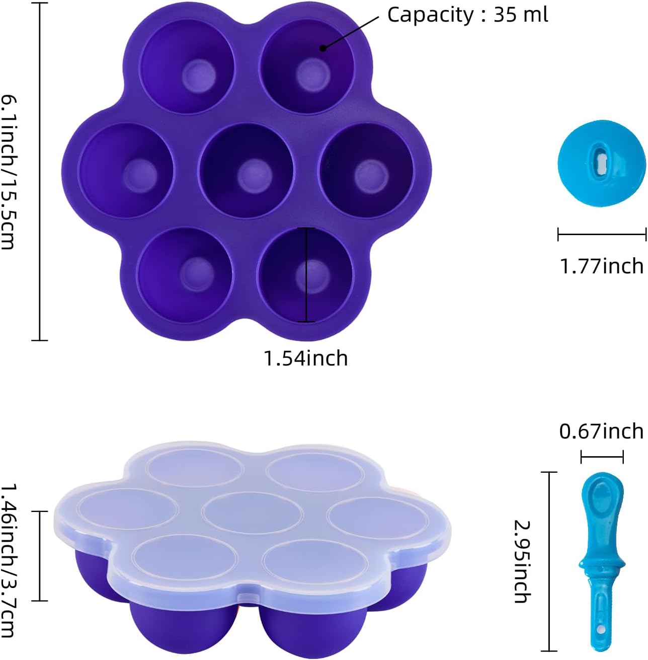 Silicone Popsicle Molds, 7-cavity Ice Pop Molds, Non-Stick Ice Cube Trays and Cake Molds （Purple）