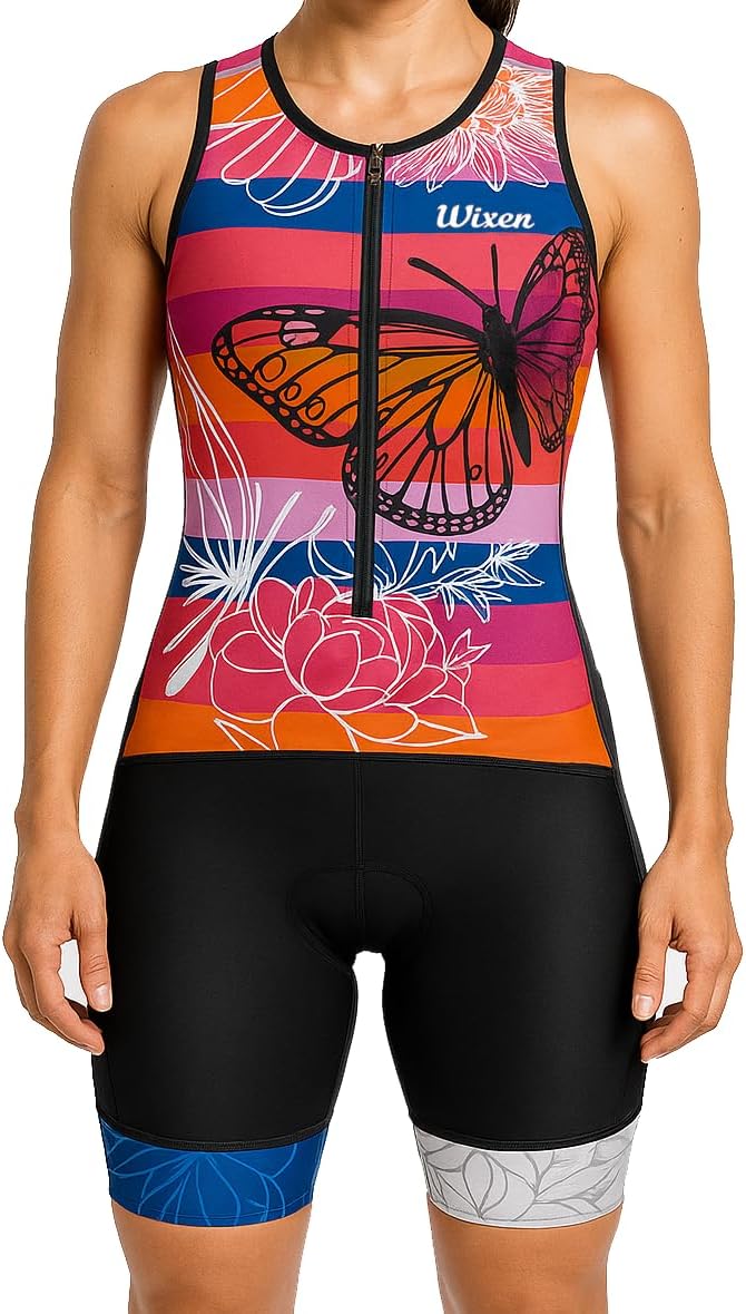 WIXEN Women's Triathlon Suit Sleeveless Tri Suit Padded Cycle Race Swim Bike Run Trisuit Back Pockets