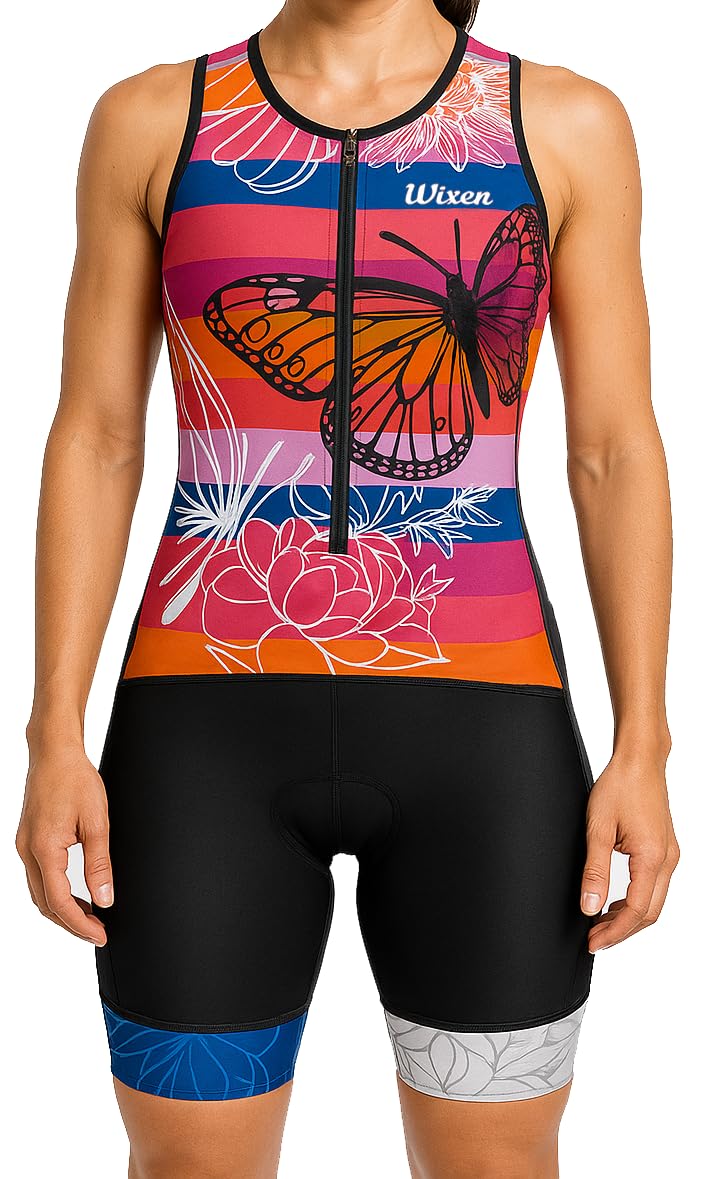 WIXEN Women's Triathlon Suit Sleeveless Tri Suit Padded Cycle Race Swim Bike Run Trisuit Back Pockets
