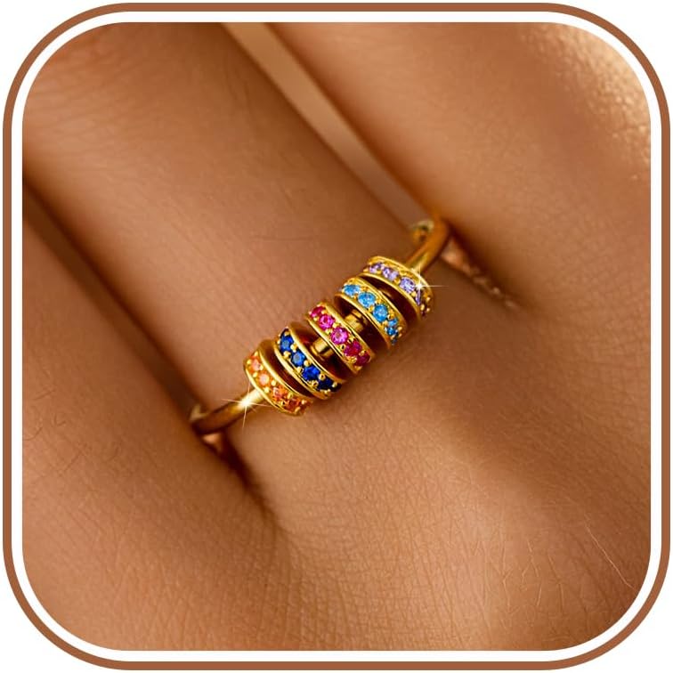 LOVECOM S925 Sterling Silver Anti Anxiety Fidget Spinner Ring Cubic Zirconia Beads Spinning Rings for Women Dainty 14K Gold Plated Stress Relief Jewelry Graduation Birthday Gifts for Mom Daughter