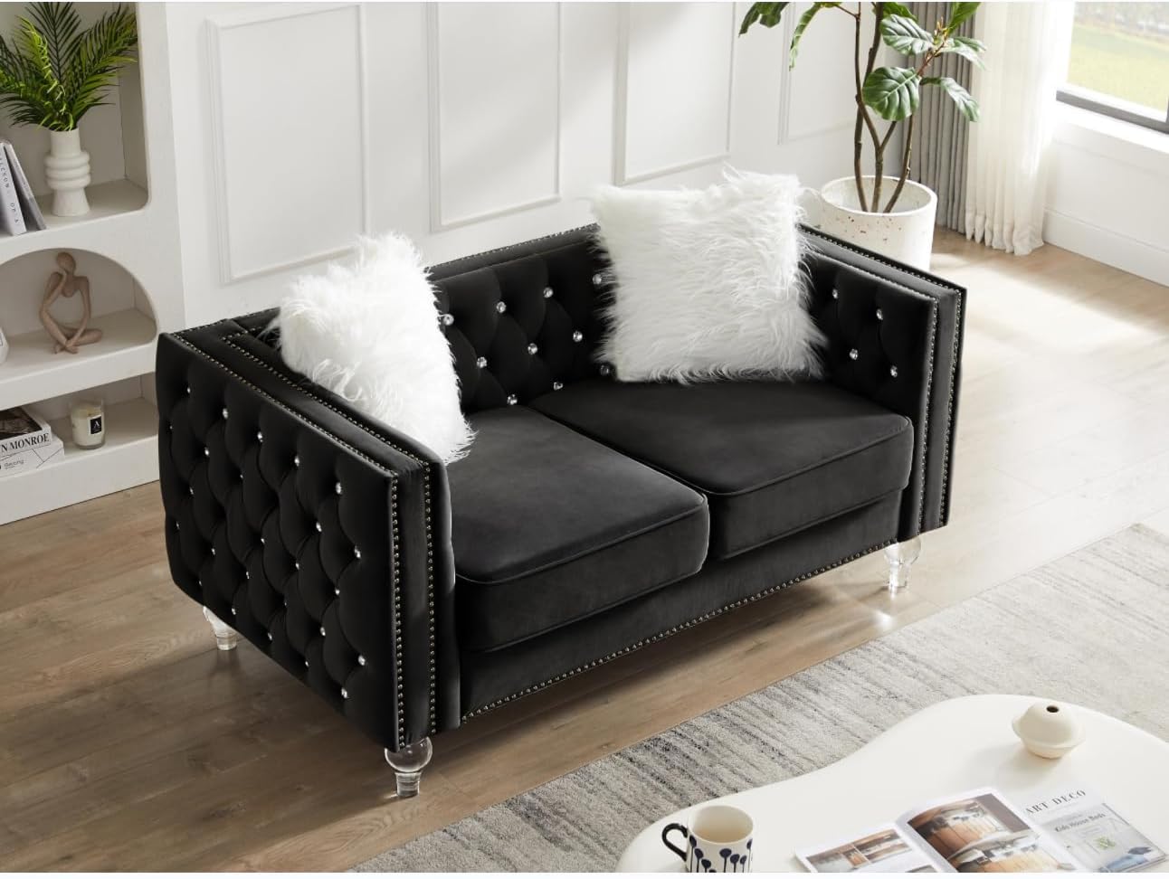 59.84" 2-Seater Loveseat Plush Velvet Couch for Living Room with Luxurious Diamond Tufting & Acrylic Crystal Buttons, Durable Eucalyptus Wood Frame, and Acrylic Crystal Feet Black