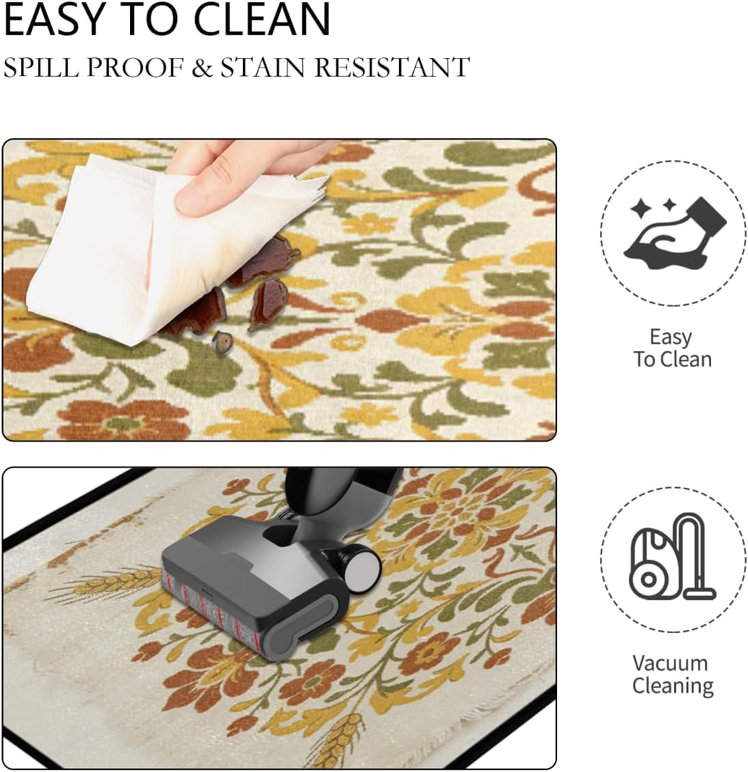 Anti Fatigue Wheat Floral Damask Kitchen Mats for Floor 2 Piece Set, Waterproof Non Slip Boho Kitchen Floor Rugs, Comfort Standing Mat for Sink Laundry & Home Kitchen 17"x47"+17"x29"