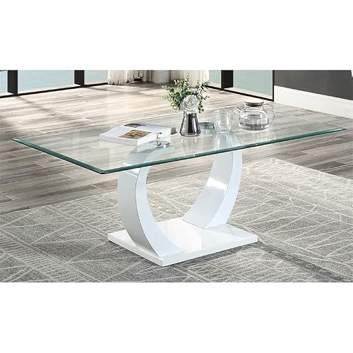Bowery Hill Modern Contemporary Glass Top Coffee Table, Living Room, With Glossy White Base #TOP1
