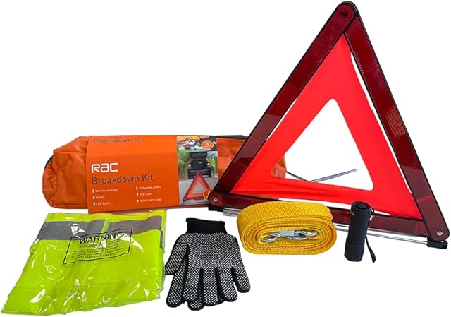 RAC Car & Vehicle Breakdown Kit - Standard Travel Safety Kit for Emergency Roadside Assistance - Includes Warning Triangle, Hi-Vis Vest, Gloves, Towrope & Torch