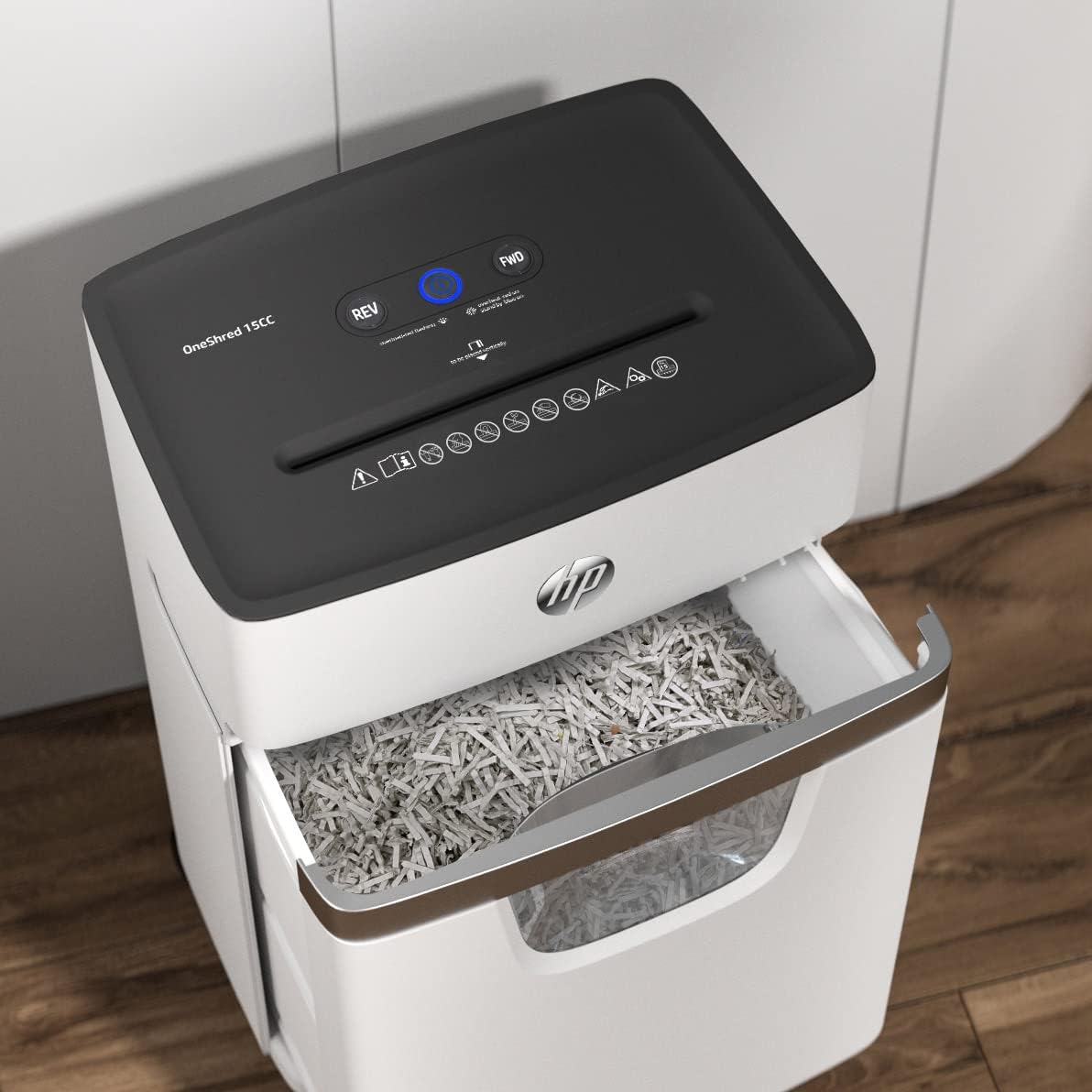 HP OneShred 15CC with waste bin pulled out