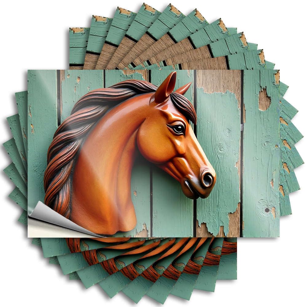 A Horse Head Sculpture On A Wooden Wall. Helmet Plush - Farm Stickers Self Adhesive Sticker(8X12CM)