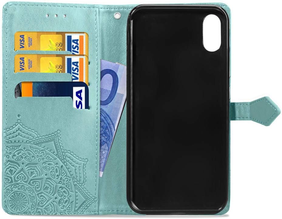 Wallet Case for iPhone X Mandala Green, Flip Case for iPhone Xs with Card Holder, Embossed Flower Faux Leather Phone Cover with Magnetic Kickstand & Wrist Strap for iPhone X/iPhone Xs Case