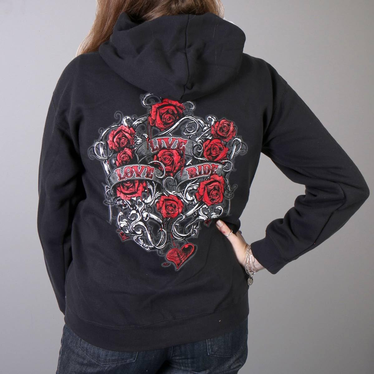 Hot Leathers Women's Live Love Ride and Roses Hooded Sweatshirt (Black)