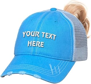 Distressed Customized Trucker Ball Cap w/Ponytail Hole for Women â€“ Personalized Name or Text, Great Hat for Girls & Moms, Ponyback Hat (Turquoise/White)
