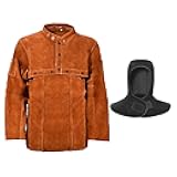 LeaSeek Leather Welding Jacket + welding hood，Heavy Duty Welding Apron with Sleeve,Heat Flame Resistant Cowhide Weld Coat for Men Women.(Large)
