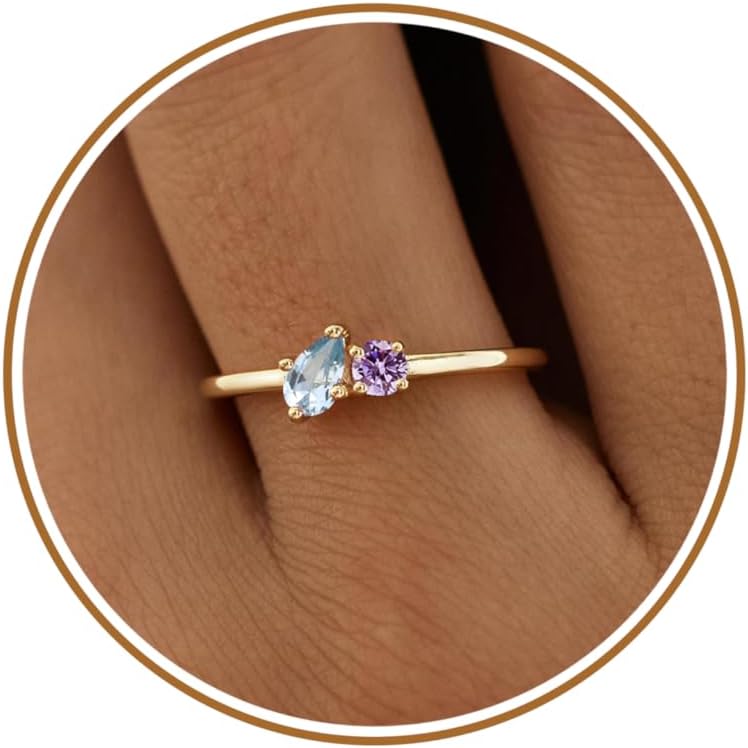 Birthstone Rings for Women Dainty Emerald Blue Ring Birthday Gifts for Mom Her Gemstones CZ Ring for Teens Gold Rings That Don't Tarnish Adjustable Ring Jewelry Gifts