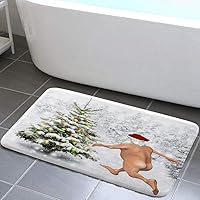 Vista 4 de MERCHR Tapete de baño de Navidad, divertido tapete de baño de Navidad de invierno, bonito Papá Noel corriendo en la nieve, tapete de baño absorbente
