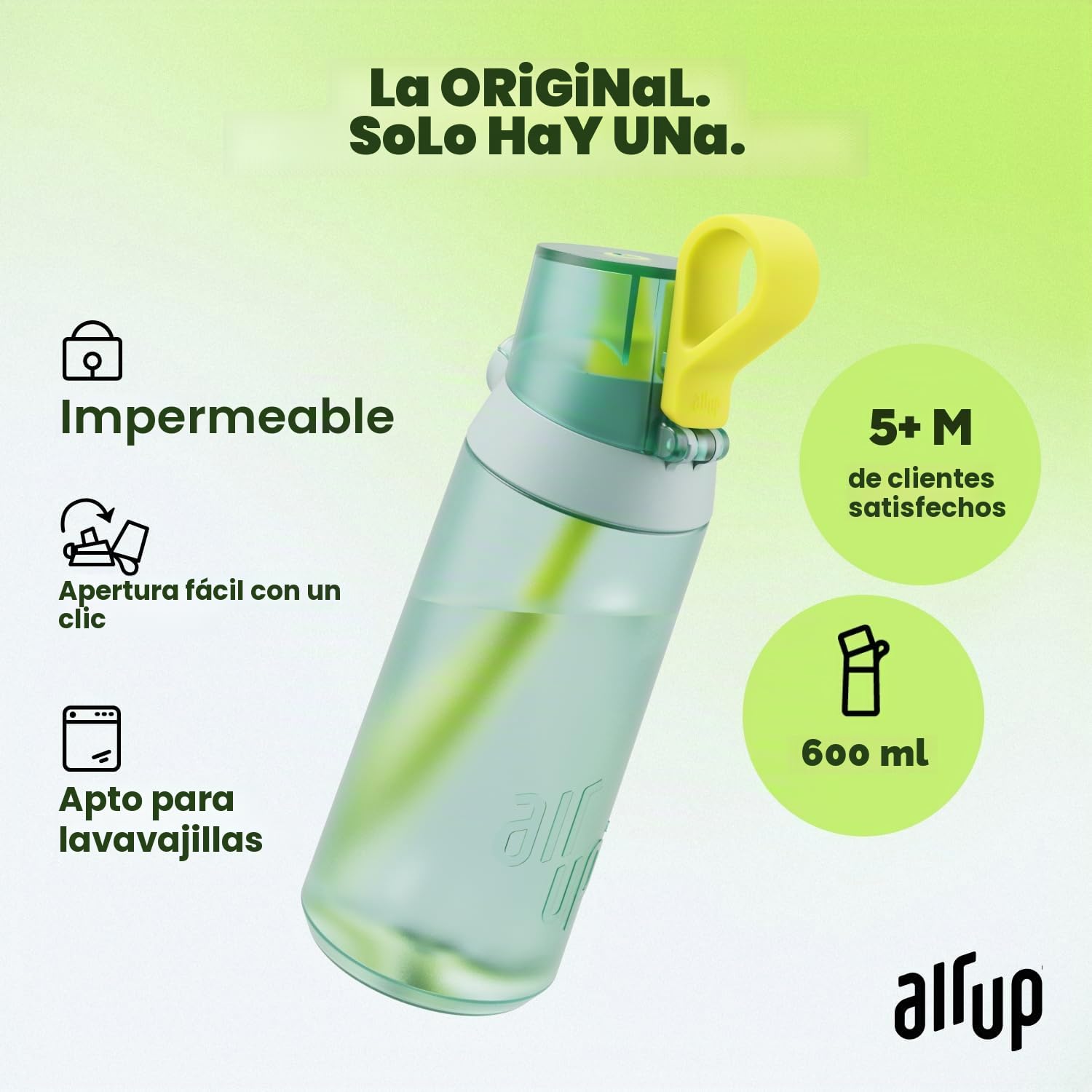 AIR UP® Cantimplora Botella de agua Click Turtle Green, juego de iniciación original con cápsulas en 5 sabores, botella de 600 ml con sabor sin azúcar, apta para lavavajillas, sin BPA