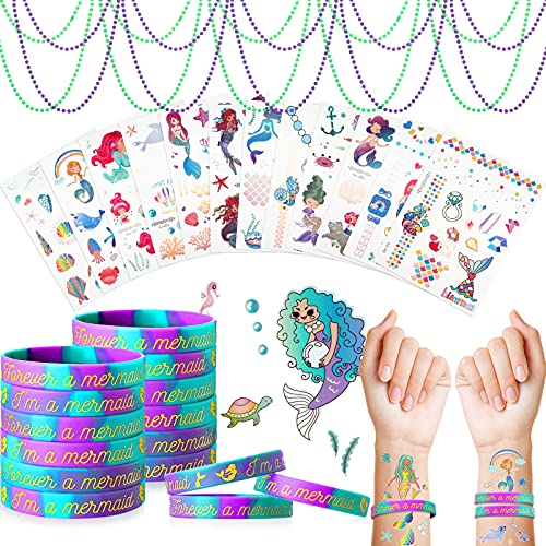36 Pieces Mermaid Rubber Bracelets Bead Necklaces Set Includes 12 Mermaid Silicone Wristband 12 Sheets Mermaid Temporary 12 Bead Necklaces for Women Girls Under the Sea Party Favors