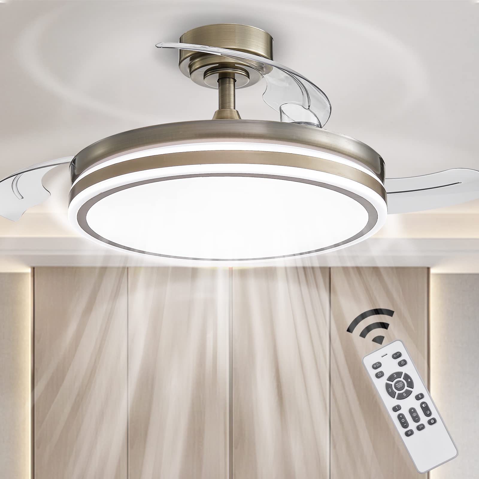 Lvienews 42''Retractable Ceiling Fans With Lights and Remote,Modern Bladeless Ceiling Fans with LED Lights, 6 Speed 3 Color Retractable Ceiling Fans for Bedroom Living Room,Dining Room,