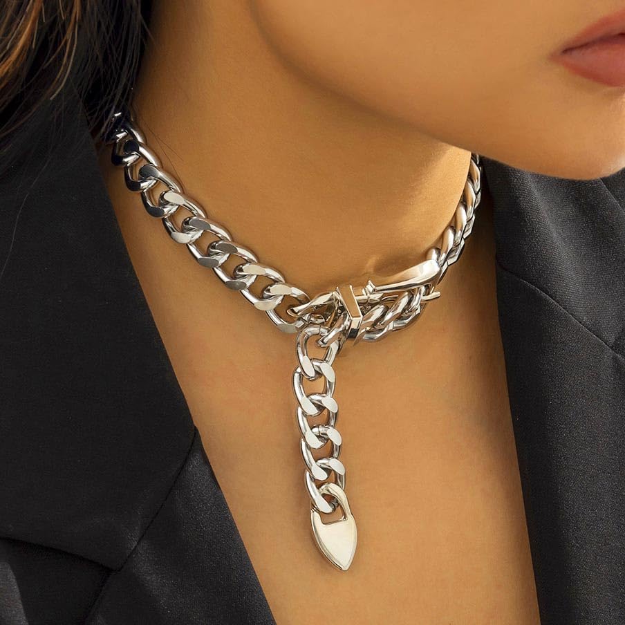 COSYDAYS Silver Chunky Choker Necklace Metal Belt Necklace Thick Cuban Chain Jewelry for Women3