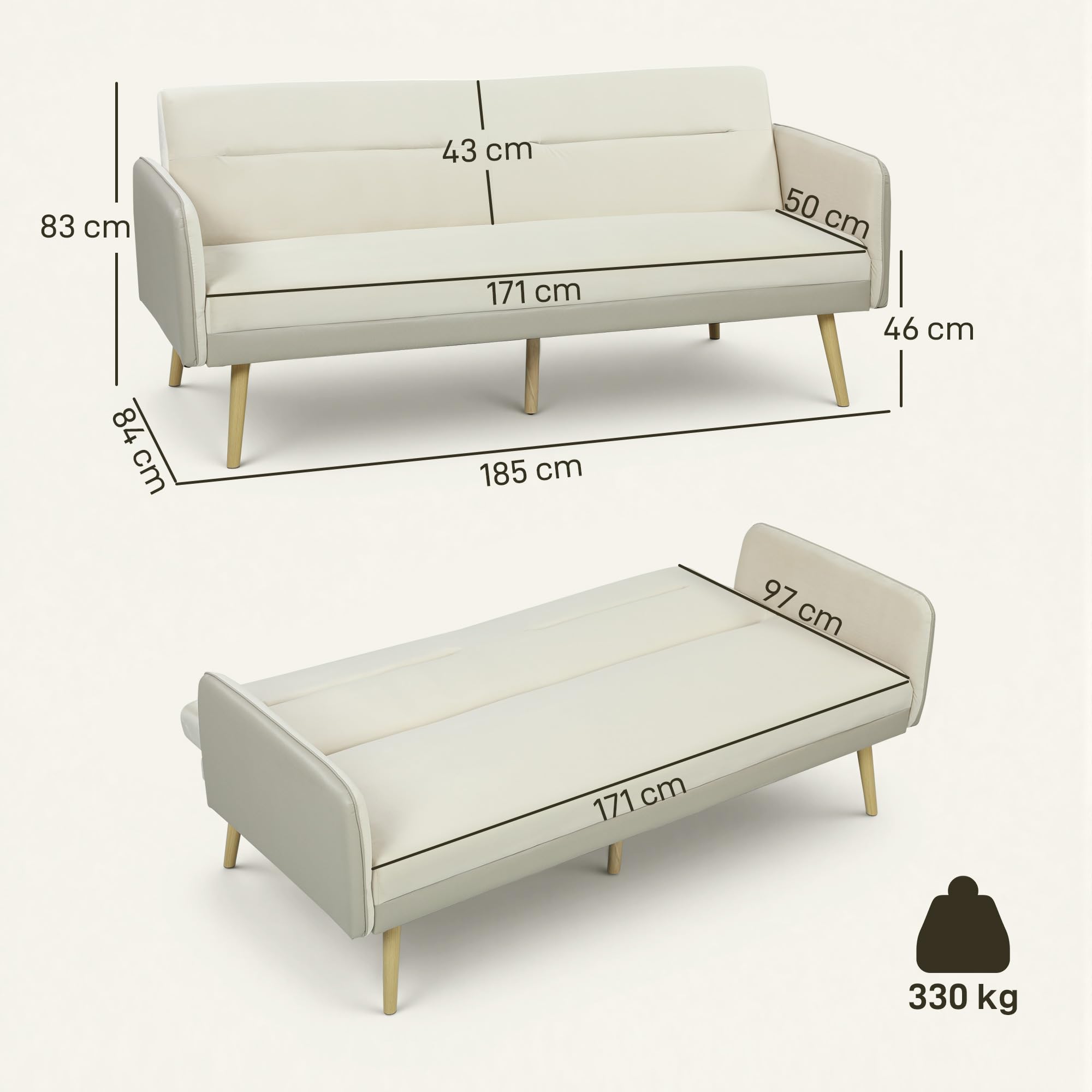 HOMCOM Divano Letto 3 Posti Convertibile con Braccioli in PU, Divanetto Reclinabile Trasformabile Clic Clac in Velluto con Gambe in Metallo, Struttura in Legno per Salotto, Camera, 185x84x83 cm, Beige