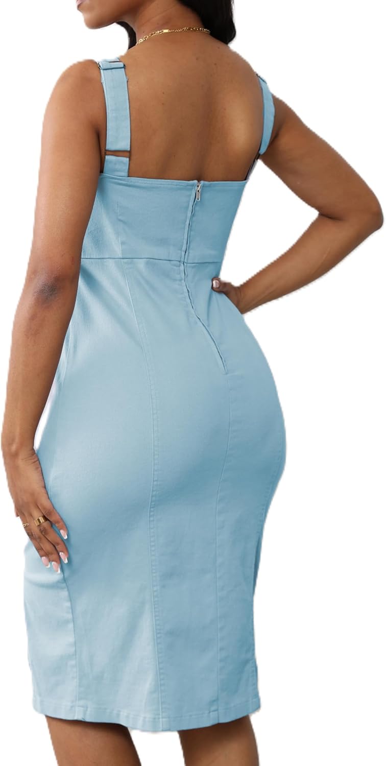 Women's Denim Dress Sexy Side Slit with V-Neck Zipper Bodycon Sleeveless Jeans Short Dresses - Image 2