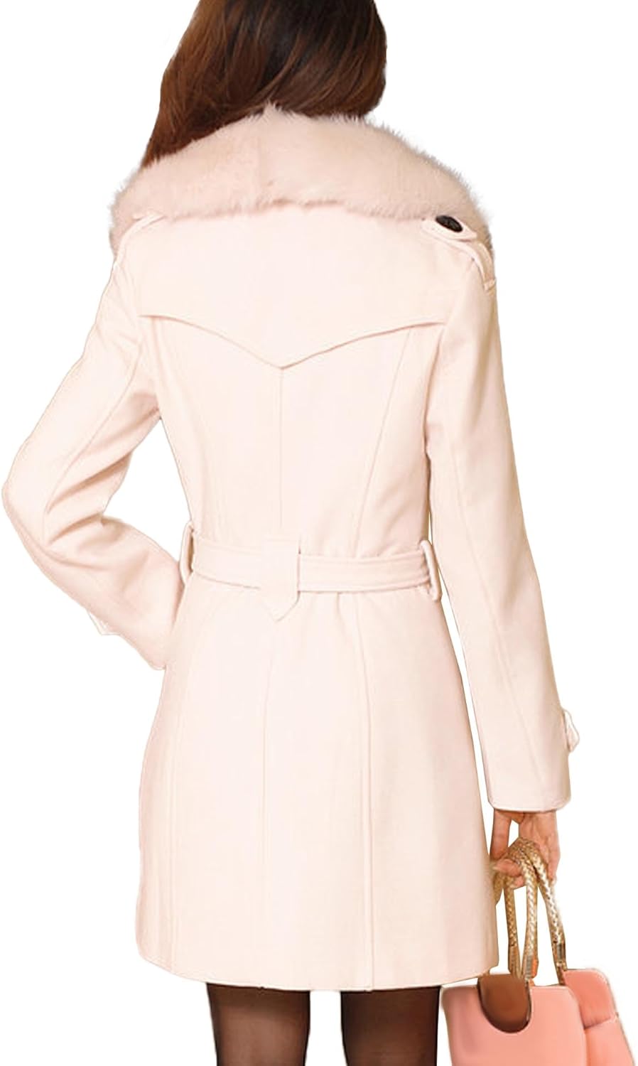 SOMTHRON Women's Winter Midi Long Pea Coat Double Breasted Faux Fur Collar Wool Blend Trench Coat Overcoat with Belt