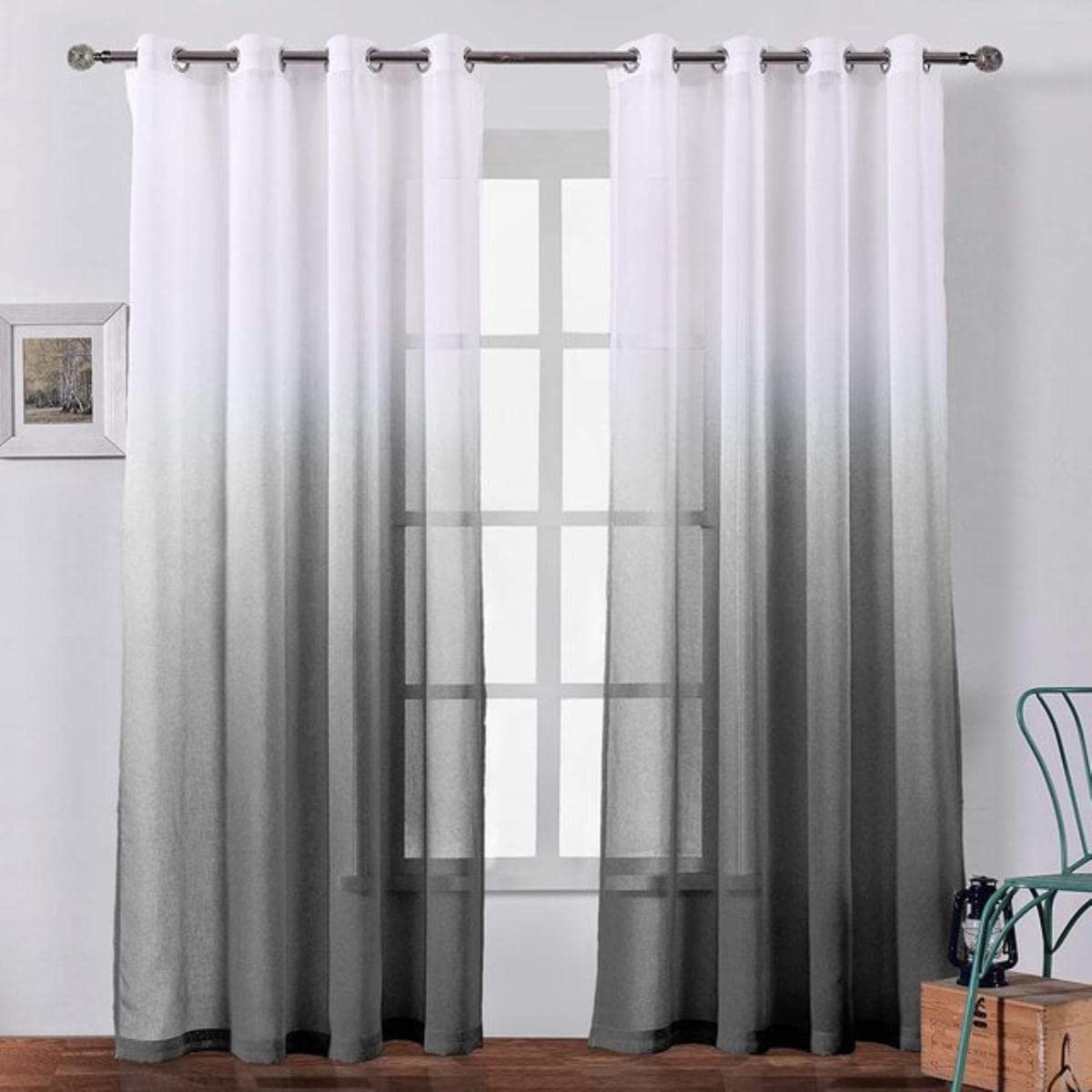 Cortinas semitransparentes con Ojales de Gasa de Lino sintético para Dormitorio, Sala de Estar, Gris, Negro, Gris Oscuro, 400 x 260 cm, 1 Pieza, Parte Superior con Ojales