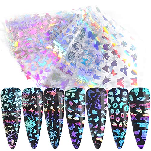 LUKAP Bronzing Nail Art Foils 10 Sheets Holographic Flakes Foil Transfer Adhesive Stickers Decals for Women Kids Butterfly Flowers Leaves Colors Decoration Kits Manicure Tips