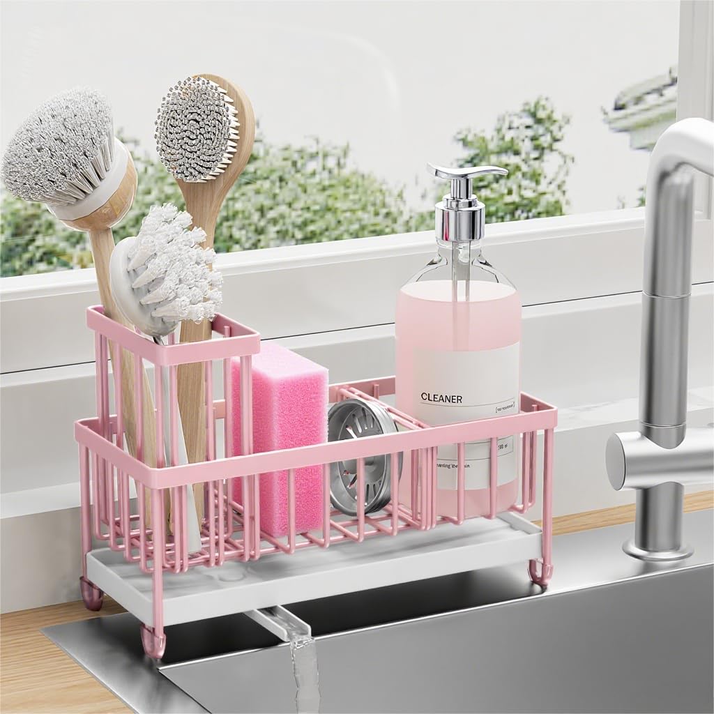 Cisily Pink Sponge Holder for Kitchen Sink Sink Organizer with Tall Brush Holder Kitchen Countertop 304 Stainless Steel Soap Dispenser Organizers