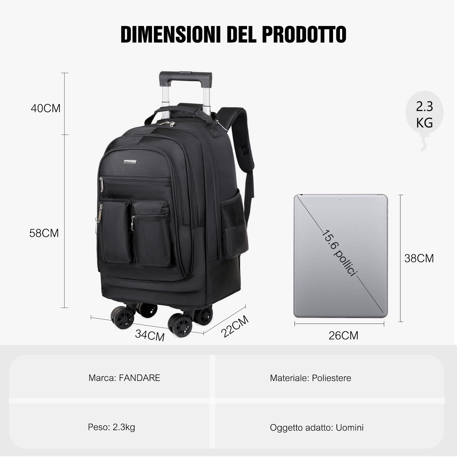 FANDARE 35L Trolley per 15.6 pollici PC portatili 2-in-1 Uomo Zaino con rotelle con manico telescopico Zainetto trasformabile 24 Ore Borsa per Insegnante Borse Lavoro Messenger Zaini ufficio giorno