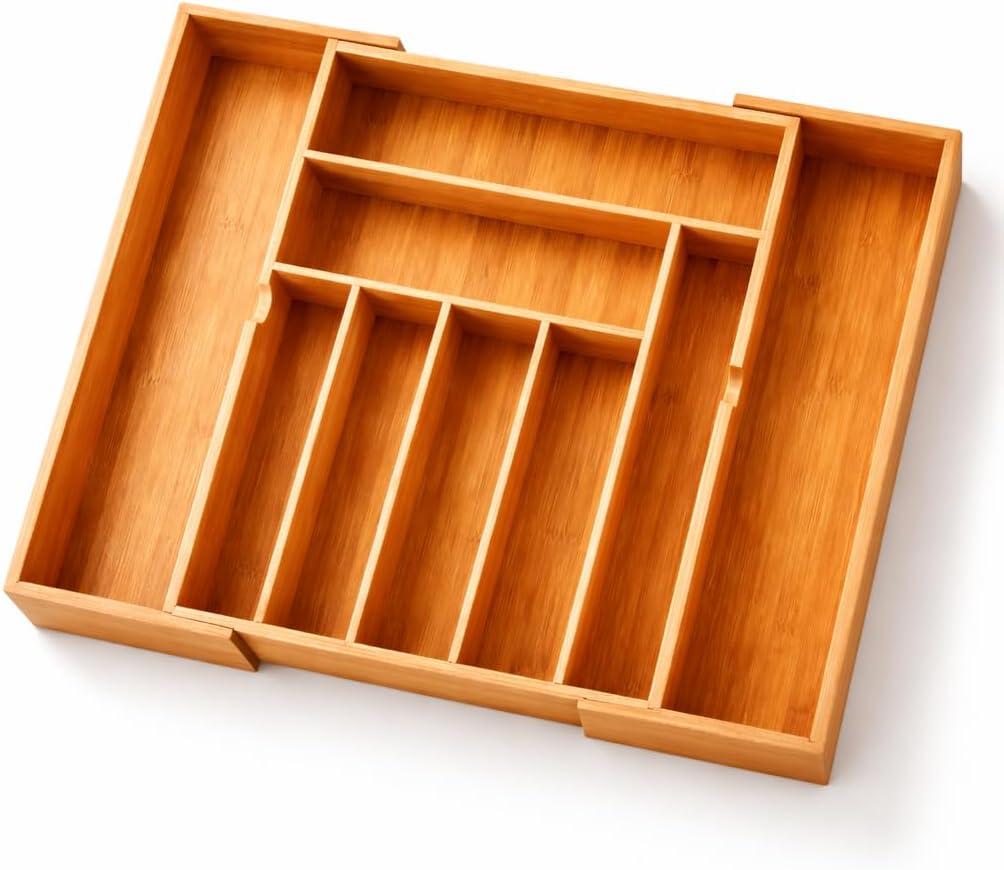 Tiny Earth Threads Bamboo Expandable Drawer Organizer – 9 Compartments – Adjustable Kitchen Cutlery Tray – Natural Moso Bamboo – Eco-Friendly Utensil Storage for Kitchen Drawers