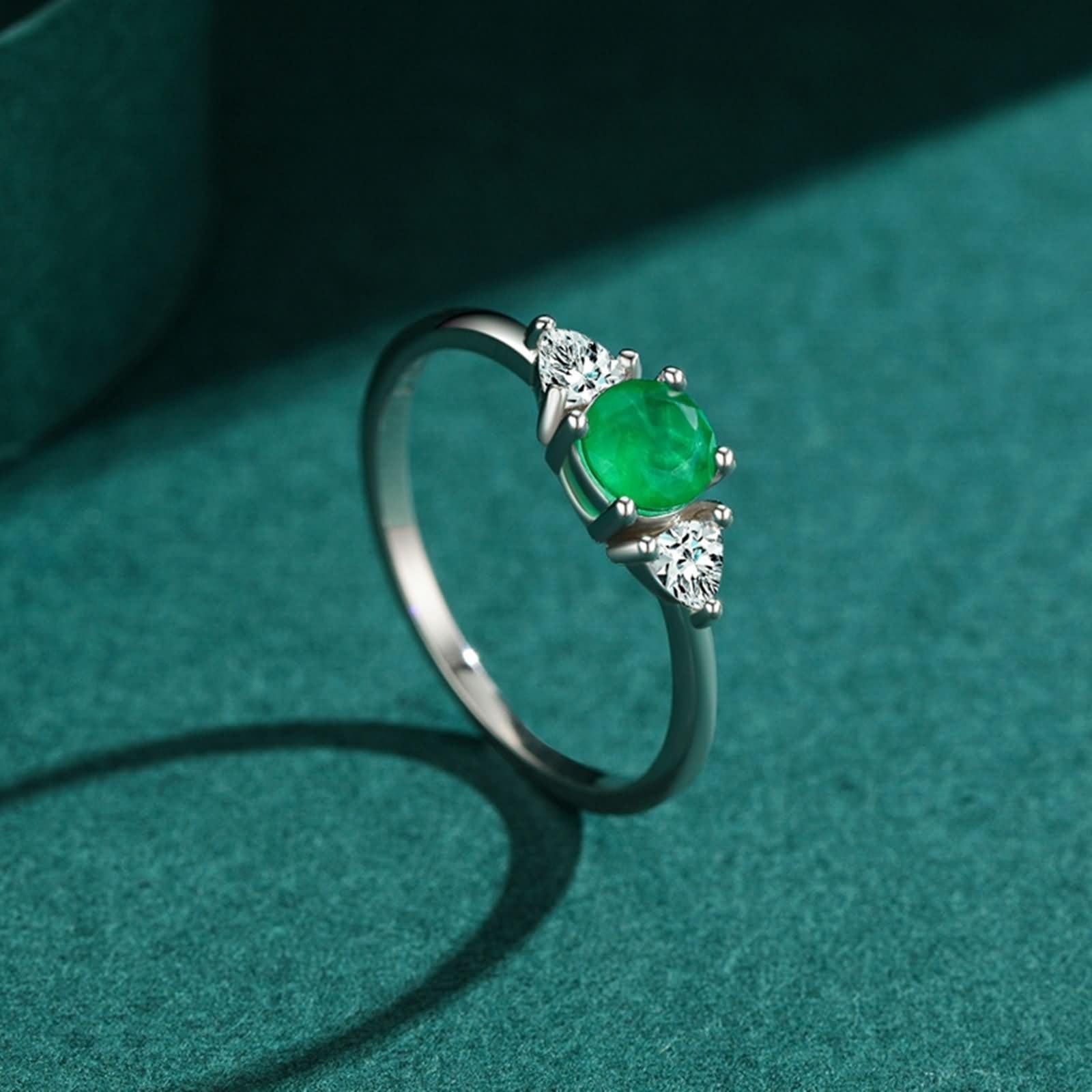 Daesar Anillos para Matrimonio Mujer con 5x5mm Redondo con Esmeralda Creada y Moissanita, Oro Blanco 9K/14K/18K, Anillo de Promesa Plata