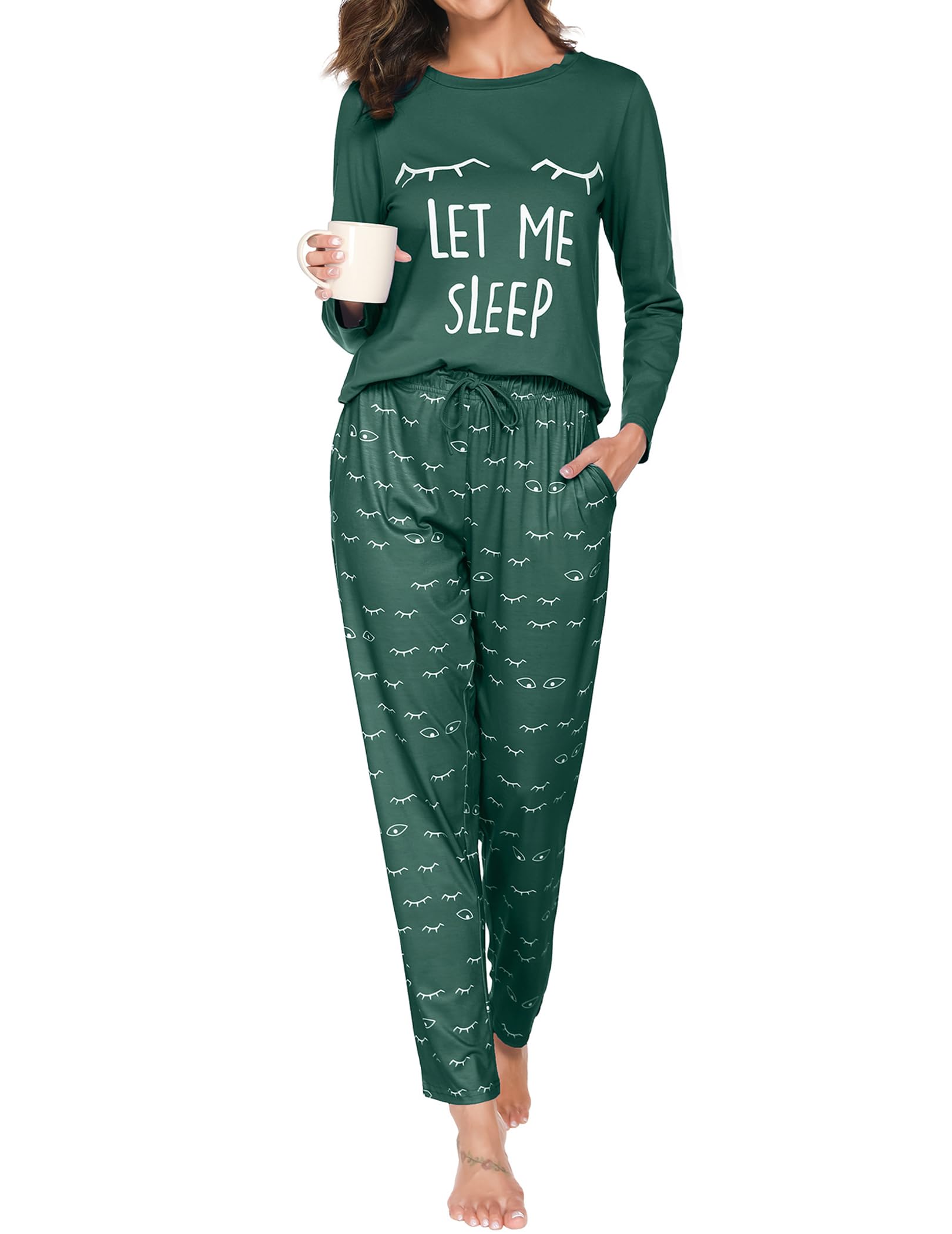 Pijama Mujer Invierno Algodon Largo Conjunto de Pijama para Mujer Dos Piezas Cuello Redondo Comodo Impreso Pjs Otoño Ropa de Dormir Pantalones Largo Loungewear S-XXL