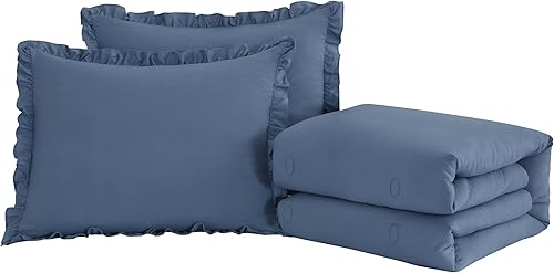 Miniatura 9 de Chezmoi Collection Sinclair - Juego de colcha de 3 piezas con falda con volantes, estilo campestre francés chic, tamaño Queen, color azul polvoriento