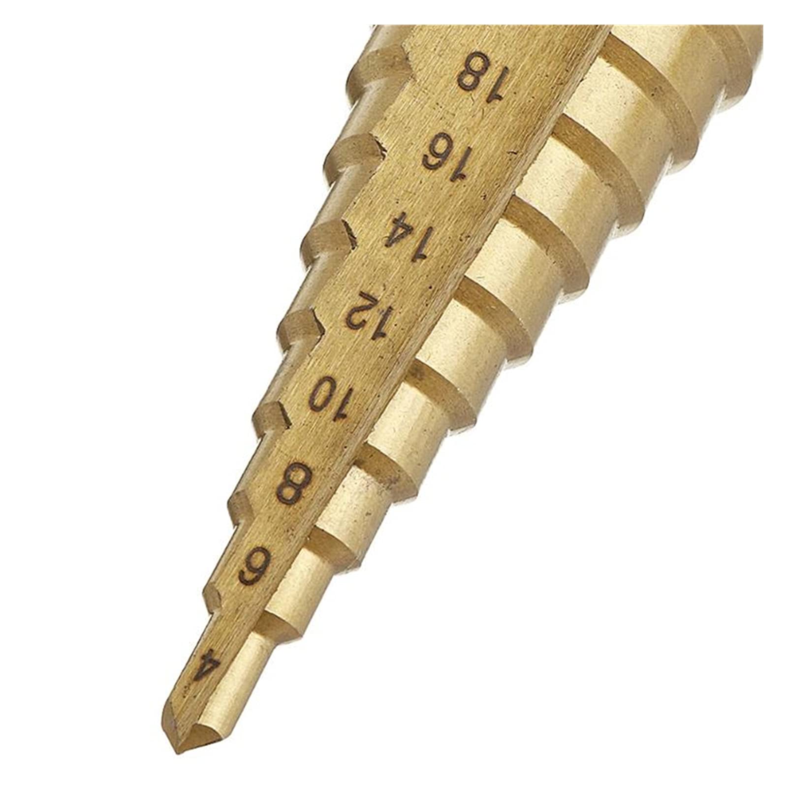 Juego de brocas escalonadas ranuradas en espiral HSS Perforación de orificios de titanio Flauta en espiral Taladro cónico escalonado de cobalto, broca escalonada de carburo 4-12/4-20/4-32 mm HSS 6542
