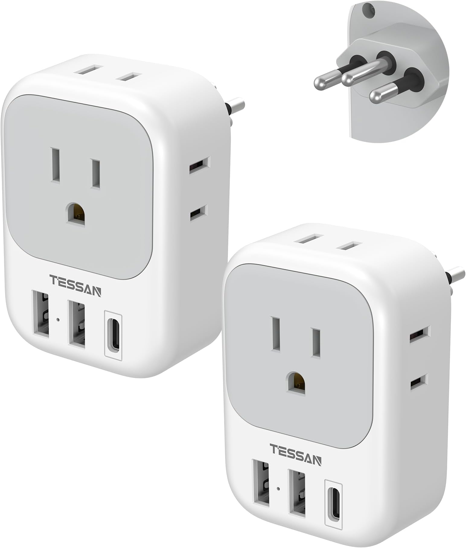 TESSAN Brazil Plug Adapter 2 Pack, 7 in 1 US to Brazil Power Adapter with 3 USB Ports (1 USB-C Port) 4 American Outlets, Type N Travel Adaptor for USA to Brazilian