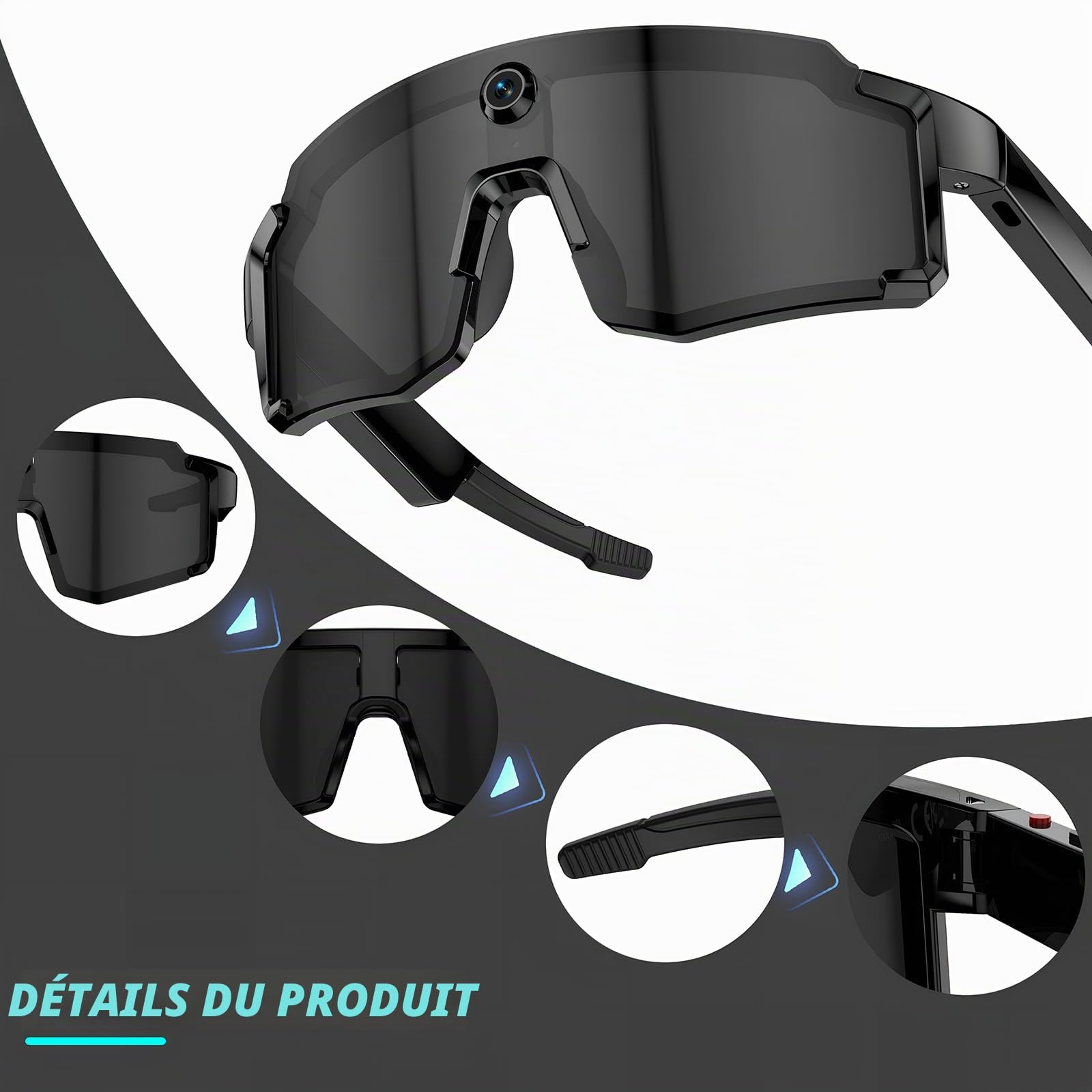 Lunettes Caméra 8MP Sport-Lunette Connectées avec Verres Anti-éblouissants