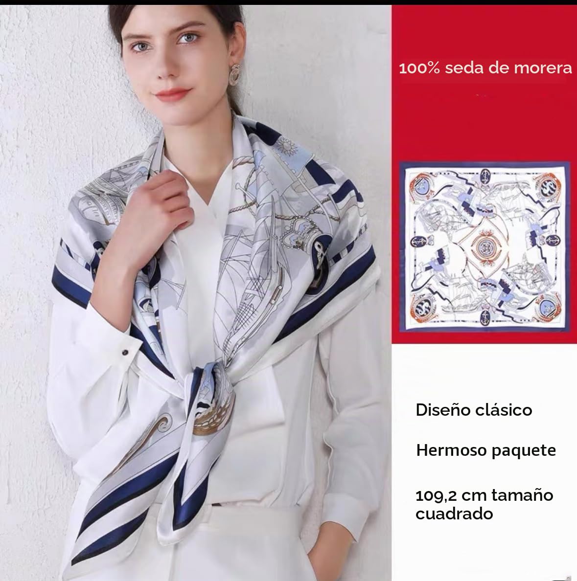 ANDANTINO - Pañuelo de 100 % seda cuadrado, grande, 110 cm, pañuelo ligero para el pelo o como chal para mujer, incluye caja de regalo