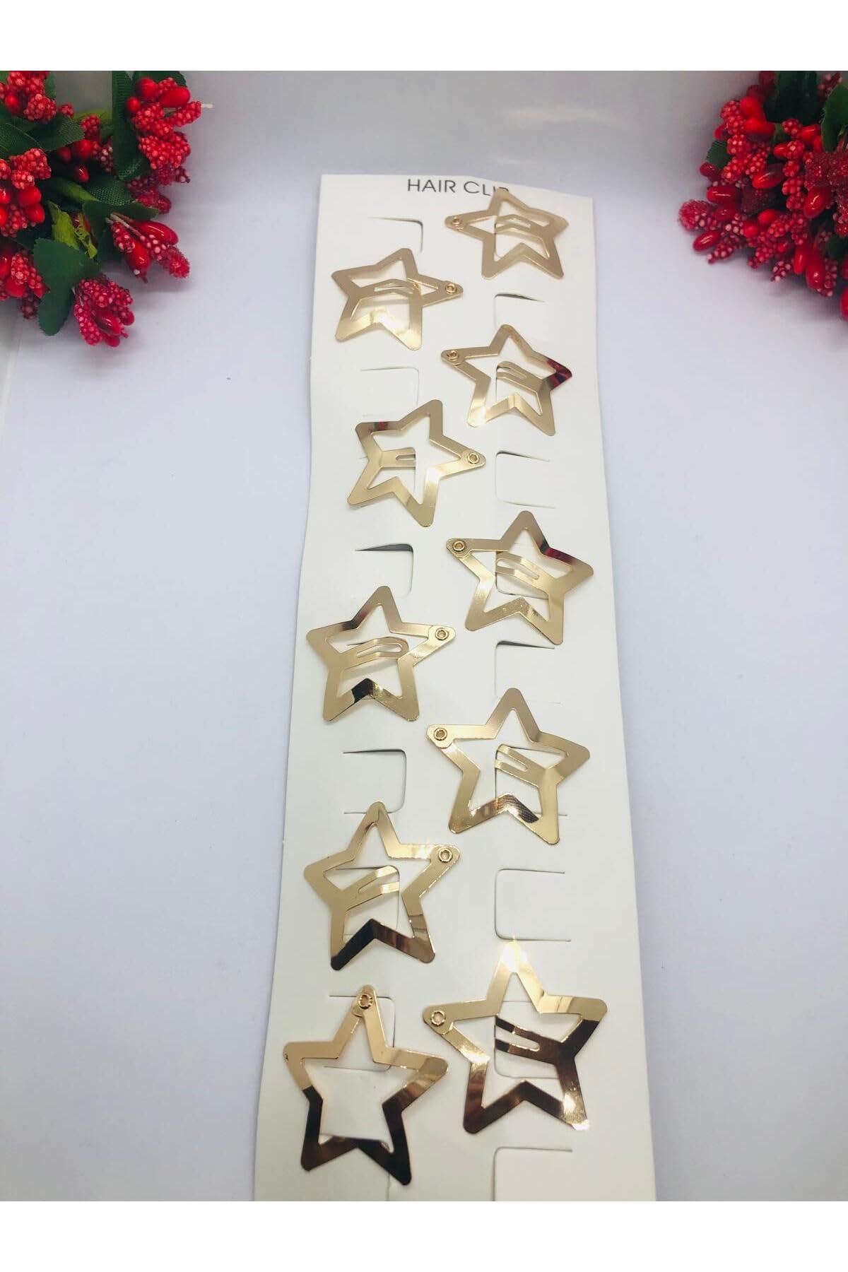 Gold Rengi Çok Şık Yıldızlı Çıtçıtlı Saç Tokası 10'lu (3cm) Gold Tek Ebat
