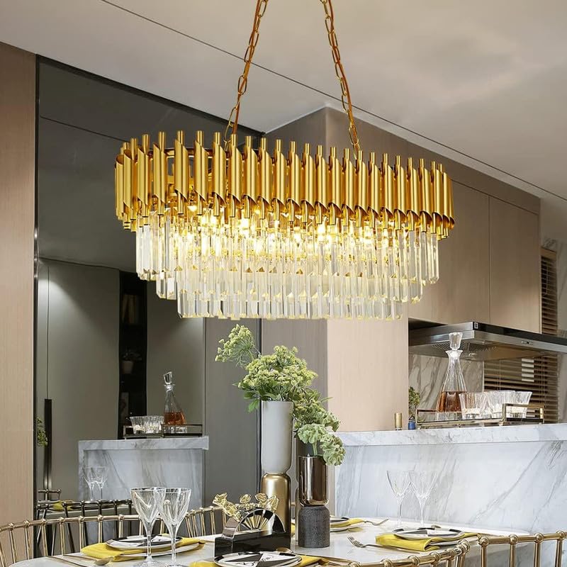 Image of TRIXY Chandeliers Lights for Ceiling Rectangular Crystal Pendant Light Lamp | 3 Tier, K9 Crystal 600x300mm Elegant Jhoomar Lamp Fixture for Bedroom, Dining Room Modern Home Interior