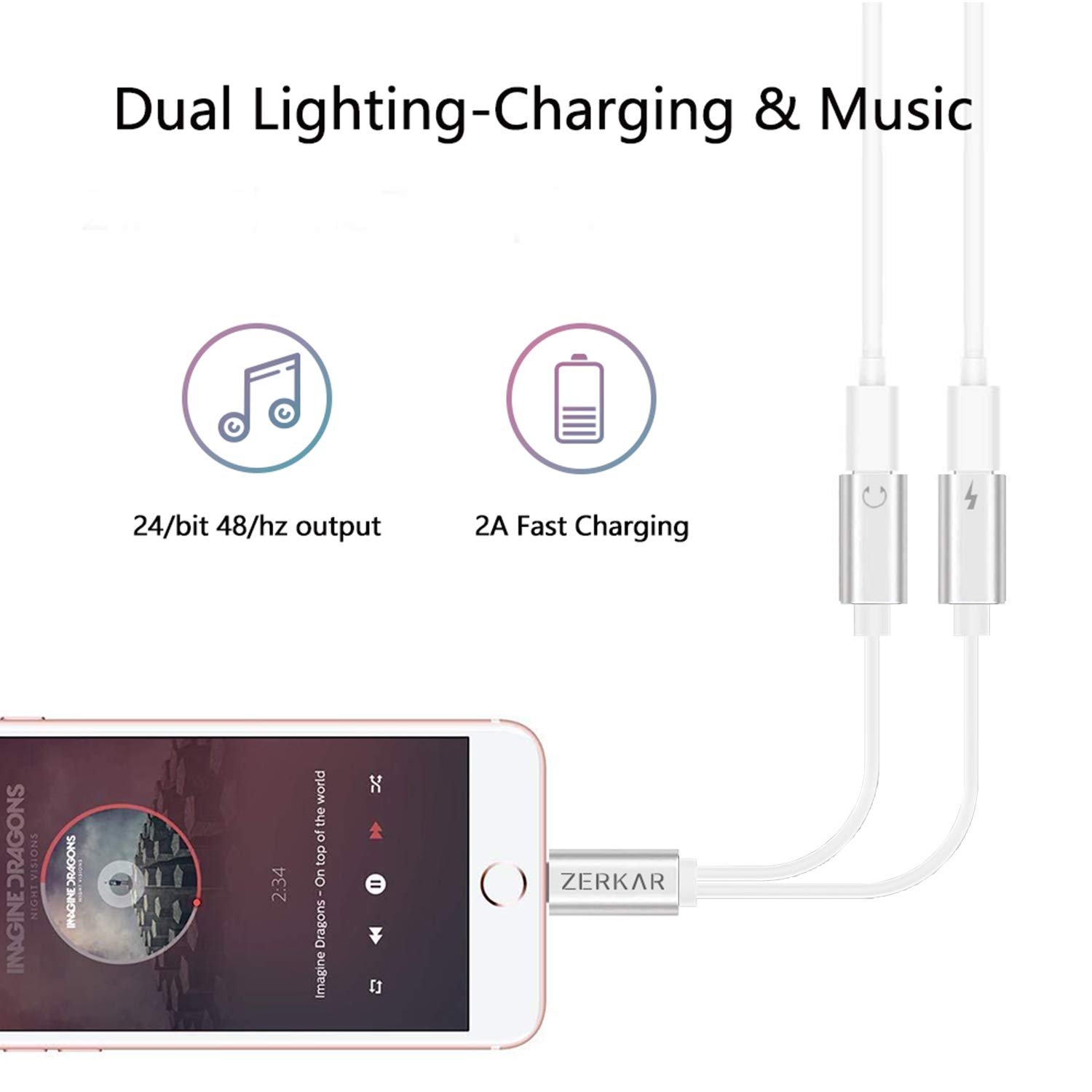 Headphone Adapter for iPhone AUX Audio Splitter Cable, ZERKAR 2 in 1 Earphone Dongle Jack Music & Call Compatible with iPhone 11/XS MAX/XR/X/8/7/6/Pad White
