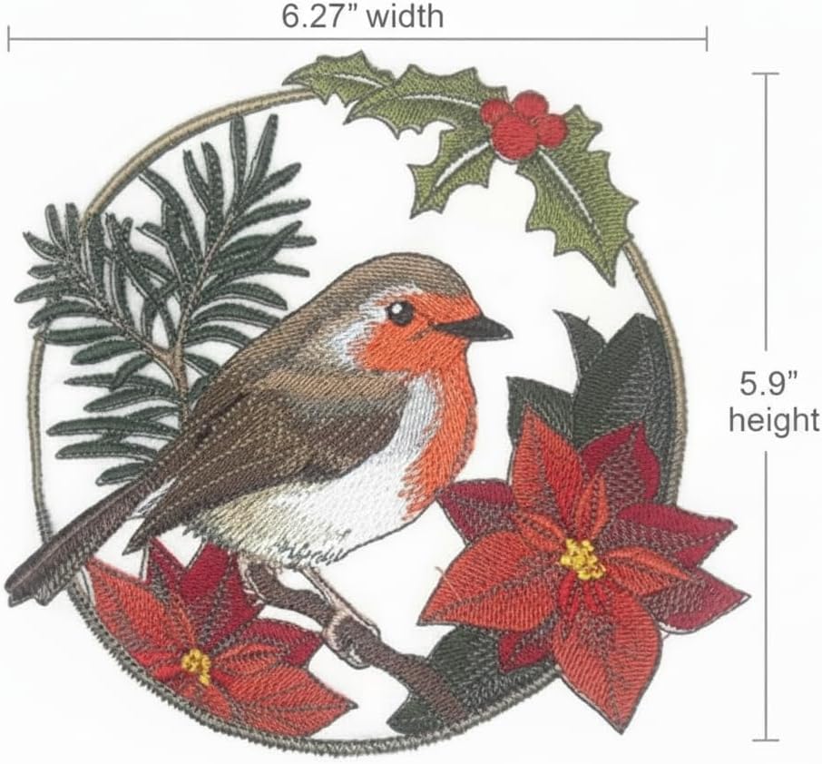 Nature Weaved in Threads, Amazing Birds Kingdom [European Robin in Christmas Blooms Circle] [Custom and Unique] Embroidered Iron on/Sew Patch [6.27" *5.9"] [Made in USA]