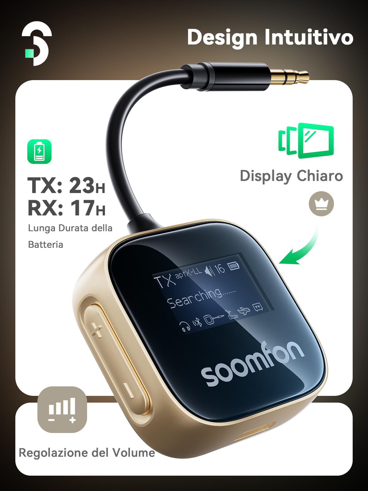 SOOMFON 2 in 1 aptX Trasmettitore Ricevitore Bluetooth Adattatore Bluetooth | Trasmettitore Bluetooth Jack 3.5mm Adattatore Bluetooth per TV Aereo Auto Impianto Stereo Ricevitore a 23 Ore di Autonomia