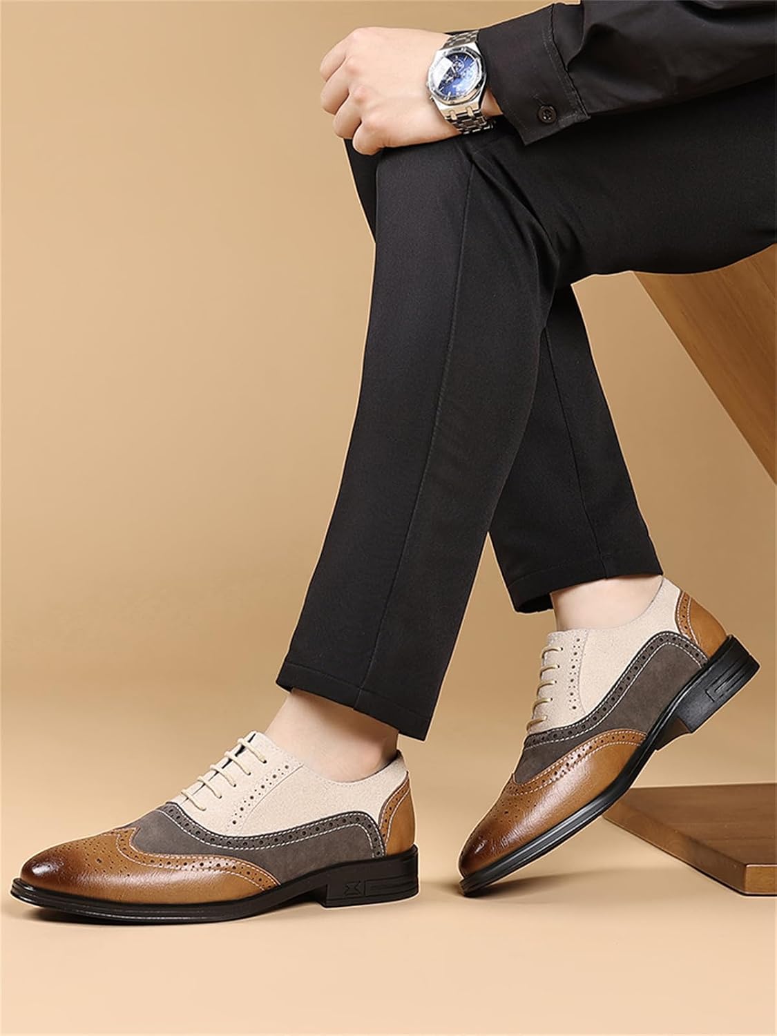 Men's Retro Brogue Dress Shoes Wingtip Suede Leather Oxfords Formal Business Casual Wedding Derby Shoes