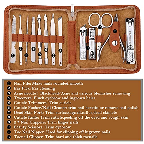 Manicure Set, Familife Nail Professional Kit Manicure Kit Nail Clipper Set, 13Pcs Stainless Steel Nail Care Kit Pedicure Set Mens Grooming Kit, Nail Care Kit With Brown Leather Travel Case For Men #TOP5