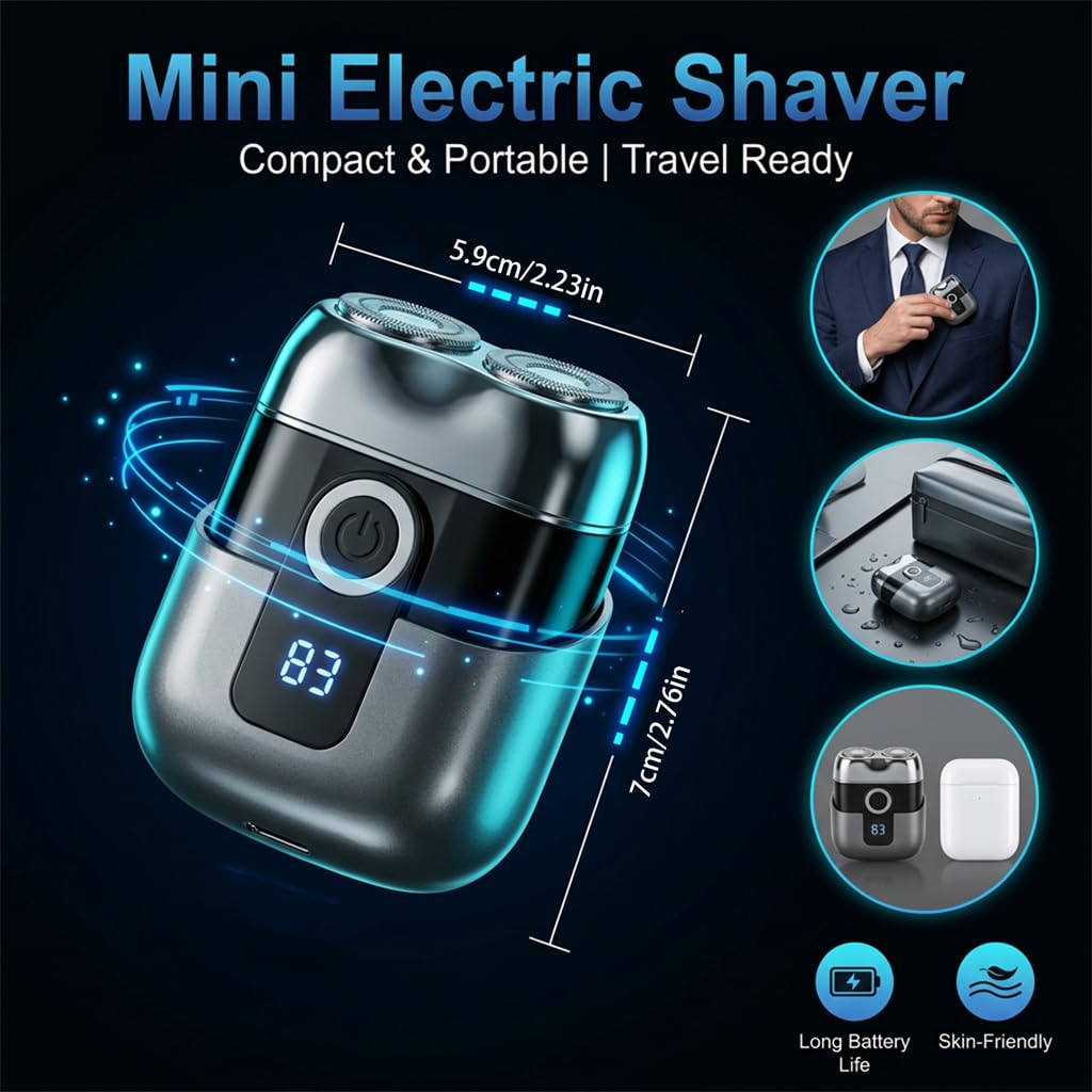 Mini Afeitadora Eléctrica para Hombre, Afeitadora de Viaje Impermeable con Pantalla LED, Carga Rápida USB-C, Silenciosa, Portátil y Compacta para Barba, Cabeza y Bigote - Gris