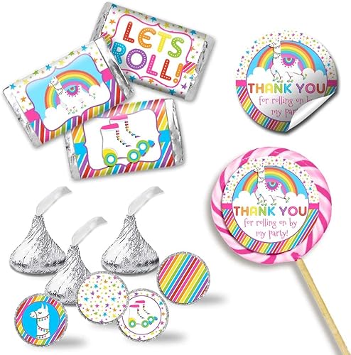 Kit de calcomanías para fiesta de cumpleaños de patinaje de llama arco iris, 429 piezas. Incluye 60 calcomanías circulares de 2 pulgadas para