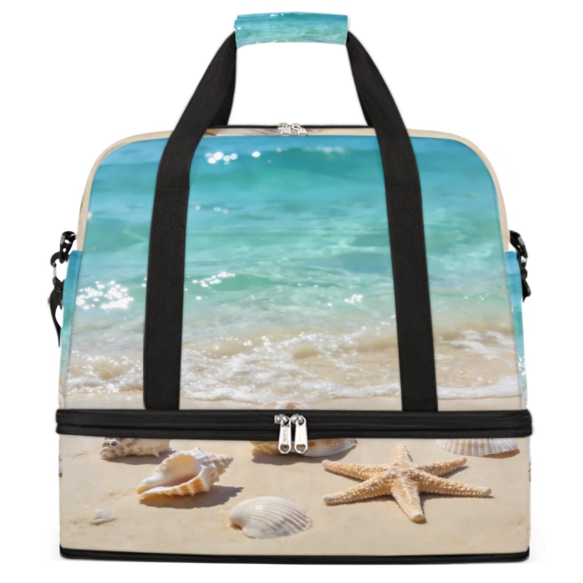 Bolsa de viaje plegable de verano con diseño de estrellas de mar y conchas marinas, bolsa de gimnasio expandible con compartimento para zapatos, bolsa de fin de semana de gran capacidad para viajes