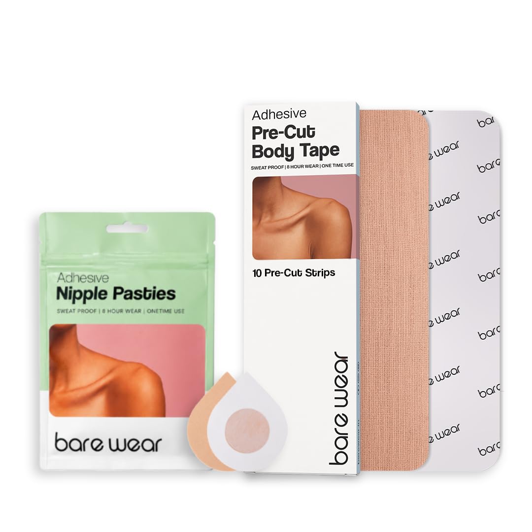 Bare Wear Combo Pre-Cut Body Tape Strips 7.5 cm Width (Pack of 10) and Nipple Pasties (5 Pairs) A-J+ Cup Sweatproof Breast Lift Boob Tape-image-10