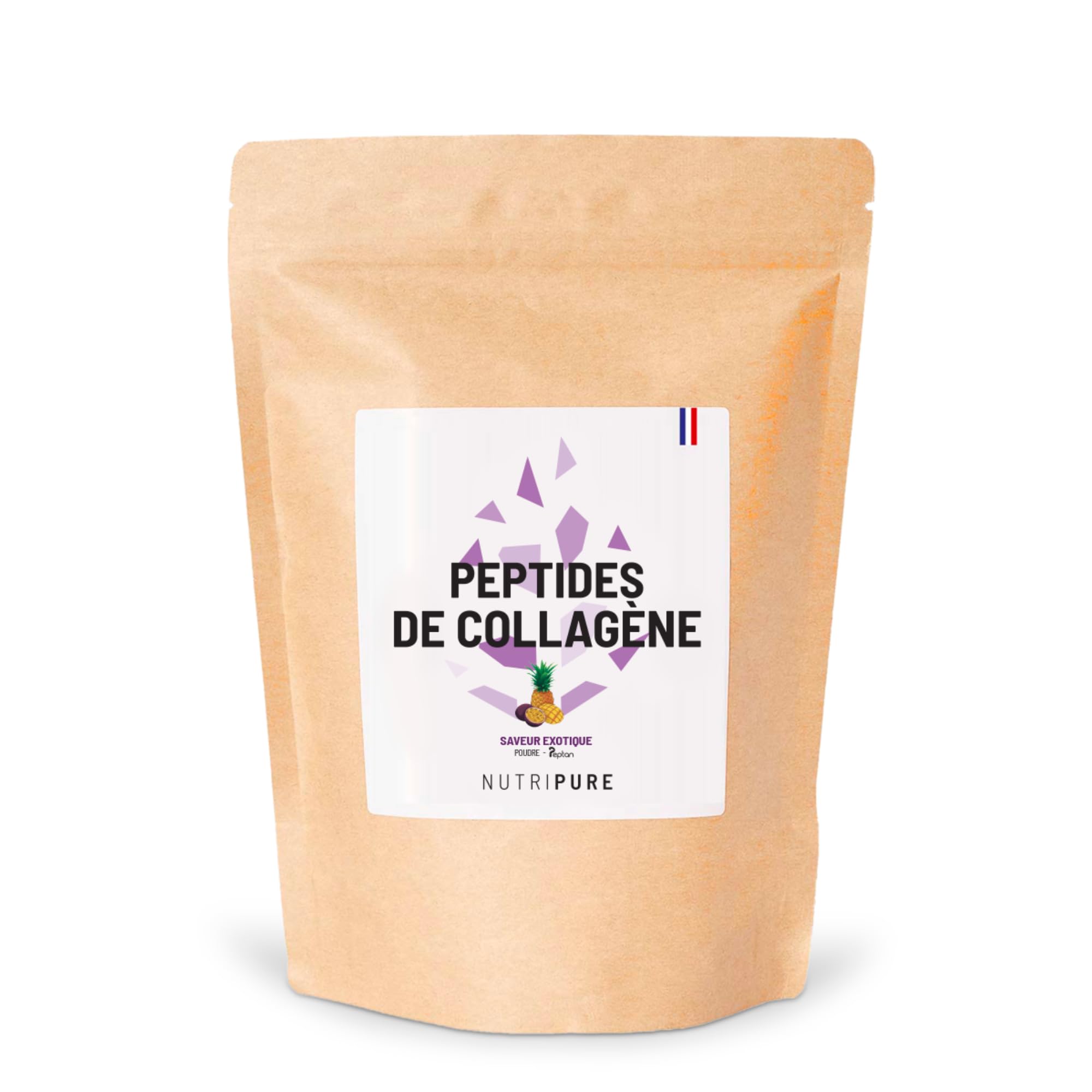 Nutripure | Peptides de Collagène Peptan® Type 1 & 3 | Hydrolysés 90% Protéines | Os & Articulations | Peau, Cheveux & Ongles | Goût Fruits Exotiques | Sachet 310 g | 1 Mois | Made in France